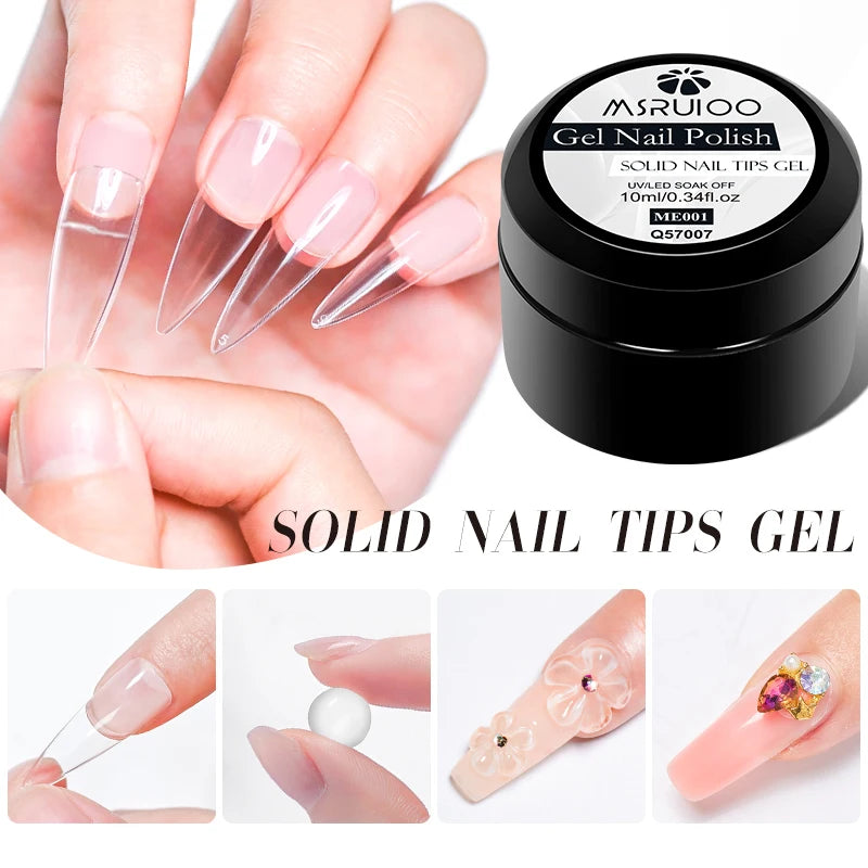 MSRUIOO 10ml Clear Solid Nail Tips Gel Long Lasting Bubble-free UV/LED Building Gel for Nails Home Salon Manicure DIY Design