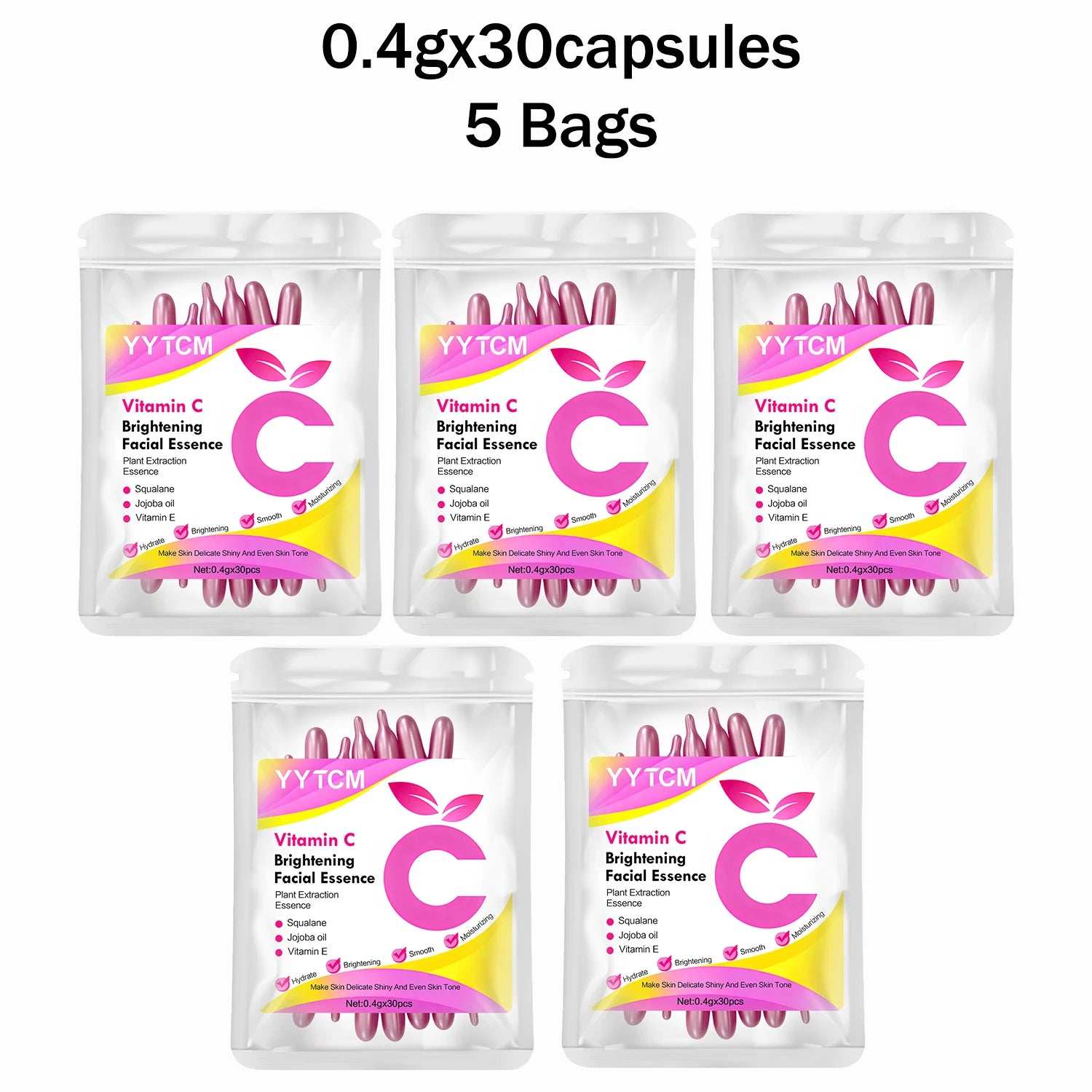 Vitamin C Brightening Skin Moisturizing Capsule Serum, hydrates and smooths the skin, contains plant squalane, vitamin E, magnolia oil, and jojoba seed oil for deep hydration and skin brightening (0.4g x 30 capsules)/bag-1 ba