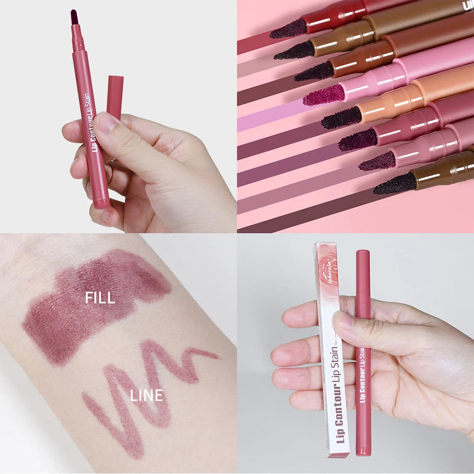 Waterproof 2 In 1 Lip Stain And Liner Pen Long Lasting Smudge Proof Kiss Proof Transfer Resistant 8 Colors Makeup Lip Pencil