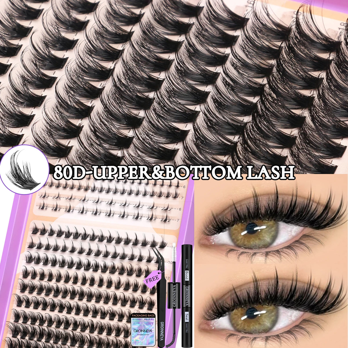 GROINNEYA Manga Lash Clusters Kit Fluffy 3D Mink Faux Cluster Lashes Kit Lashes Extension with Bond and Seal Makeup Kit