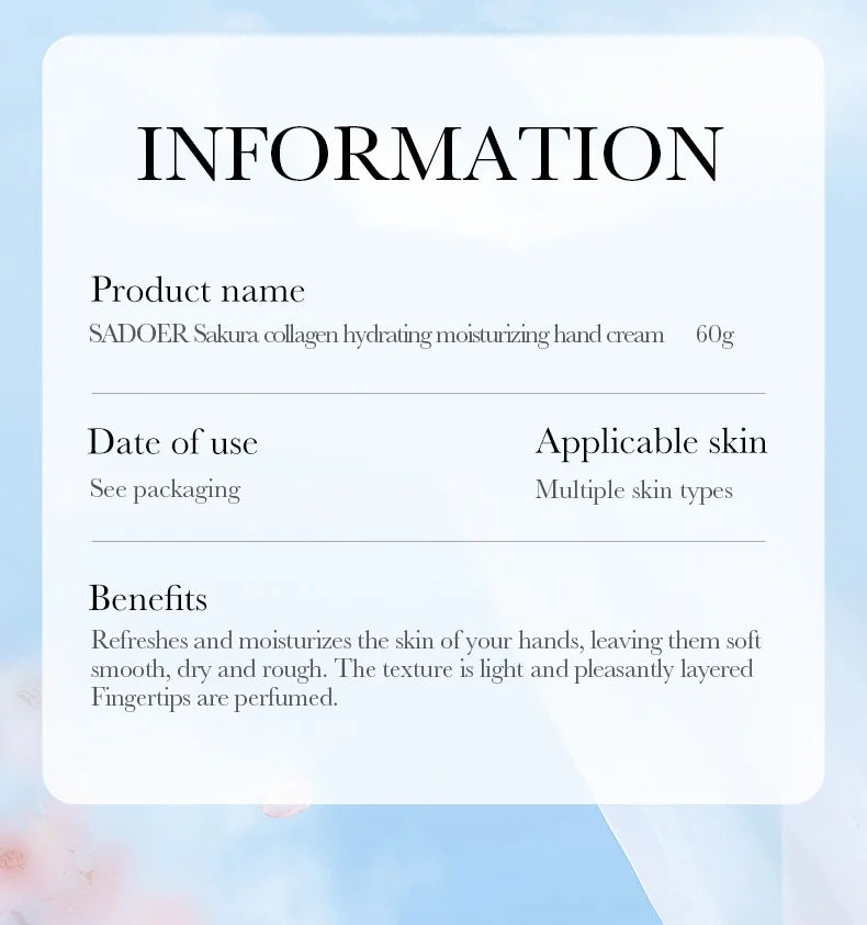 SADOER Sakura Collagen Hand Cream Hands Moisturizing Nourishing Brightening Hydrating Hands Creams Hand Skin Care Products