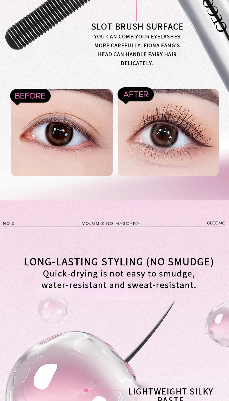 Long-lasting curling mascara Waterproof and sweat-proof Separates each lash Thick and voluminous Steel tube mascara
