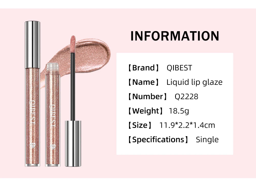 QIBEST Glitter Diamond Liquid Lipstick Waterproof Long Lasting Pearl Shiny Lip Gloss Metal Charming Women Lip Makeup 6 Colors