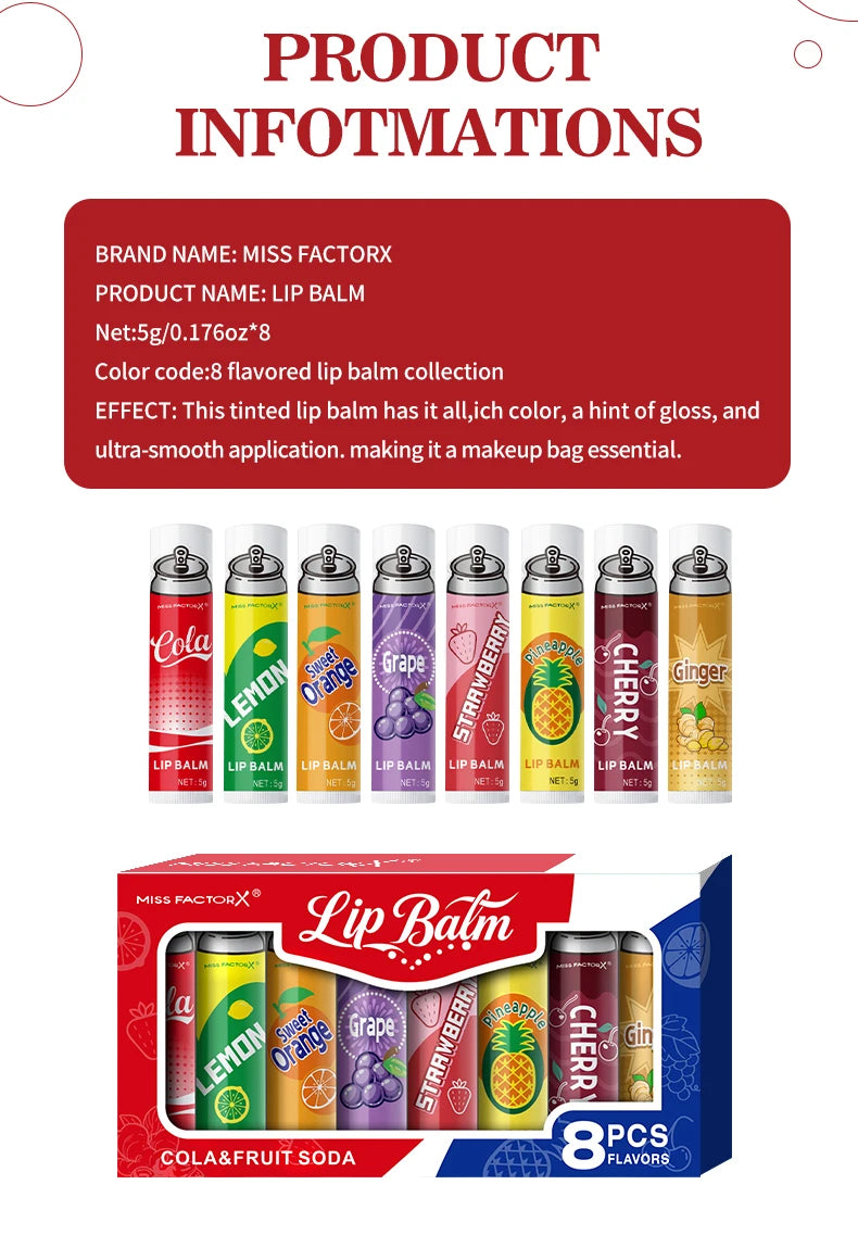 8PCS Soda-Inspired Lip Balm Set, Long-Lasting Moisture & Anti-Chapping, 8 Scents, Ideal for Daily Use & Holiday Gift Giving