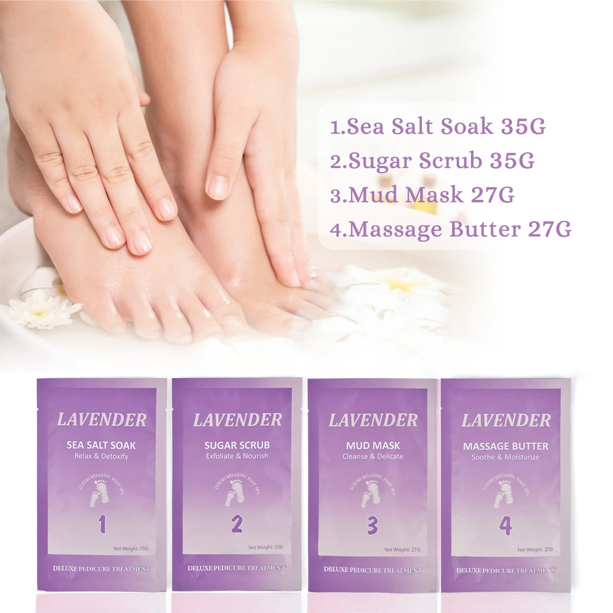 50Sets/Case FOOTNICE 4 Step Spa Pedicure Kit Foot Scrub Soak Herbal Spa Foot Peeling Skin Care 4 in 1 Deluxe Spa Pedicure Kit