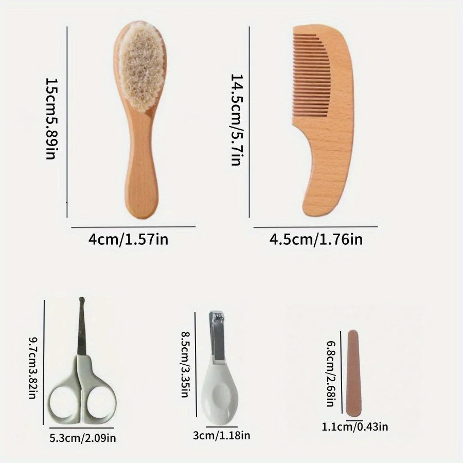 Baby Brush Set - Newborn Scalp Cleaning Soft Hairbrush - Beechwood Bathing and Massaging Nail Clippers - Nail Shears - Nail File