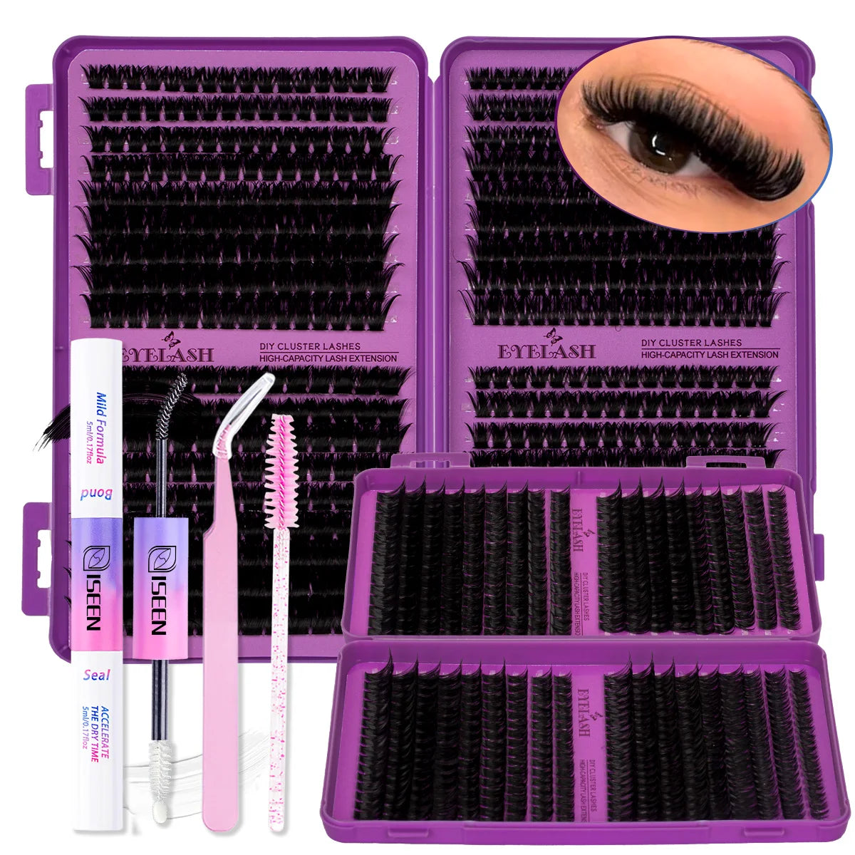 Lash Clusters Kit DIY Lash Extension Kit Large Capacity D Curl with Lash Bond And Seal And Eyelash Tweezers Makeup