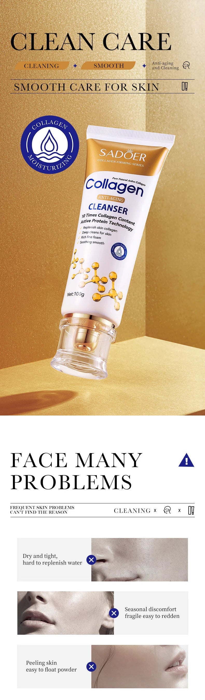 SADOER Collagen Facial Cleanser Moisturizing Anti-aging Anti Wrinkles Face Cleansing Face Wash Foam Cleanser Skin Care Products
