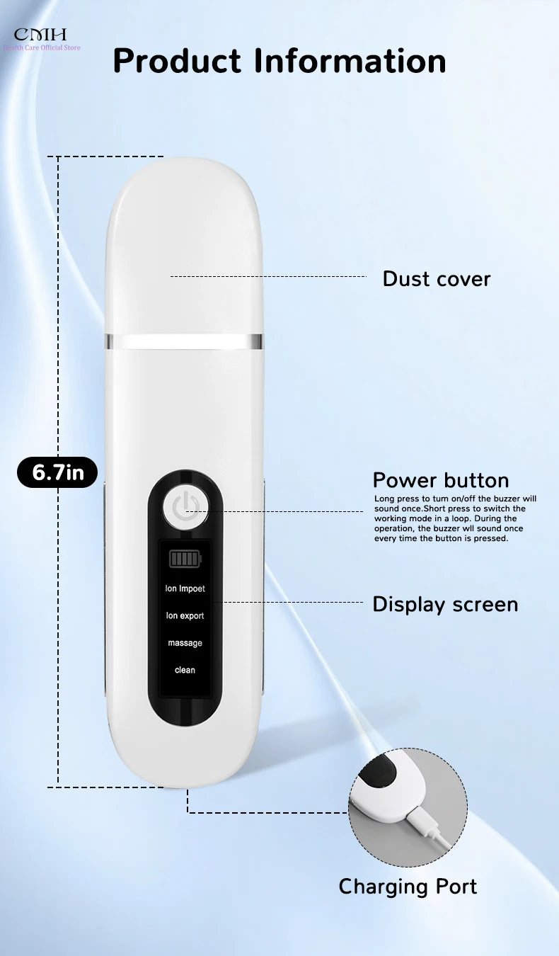 Lady Care Ultrasonic Skin Scrubber 4 in 1 Ion Import Export Facial Cleansing Spatula Blackhead Remover for Pore Purifying