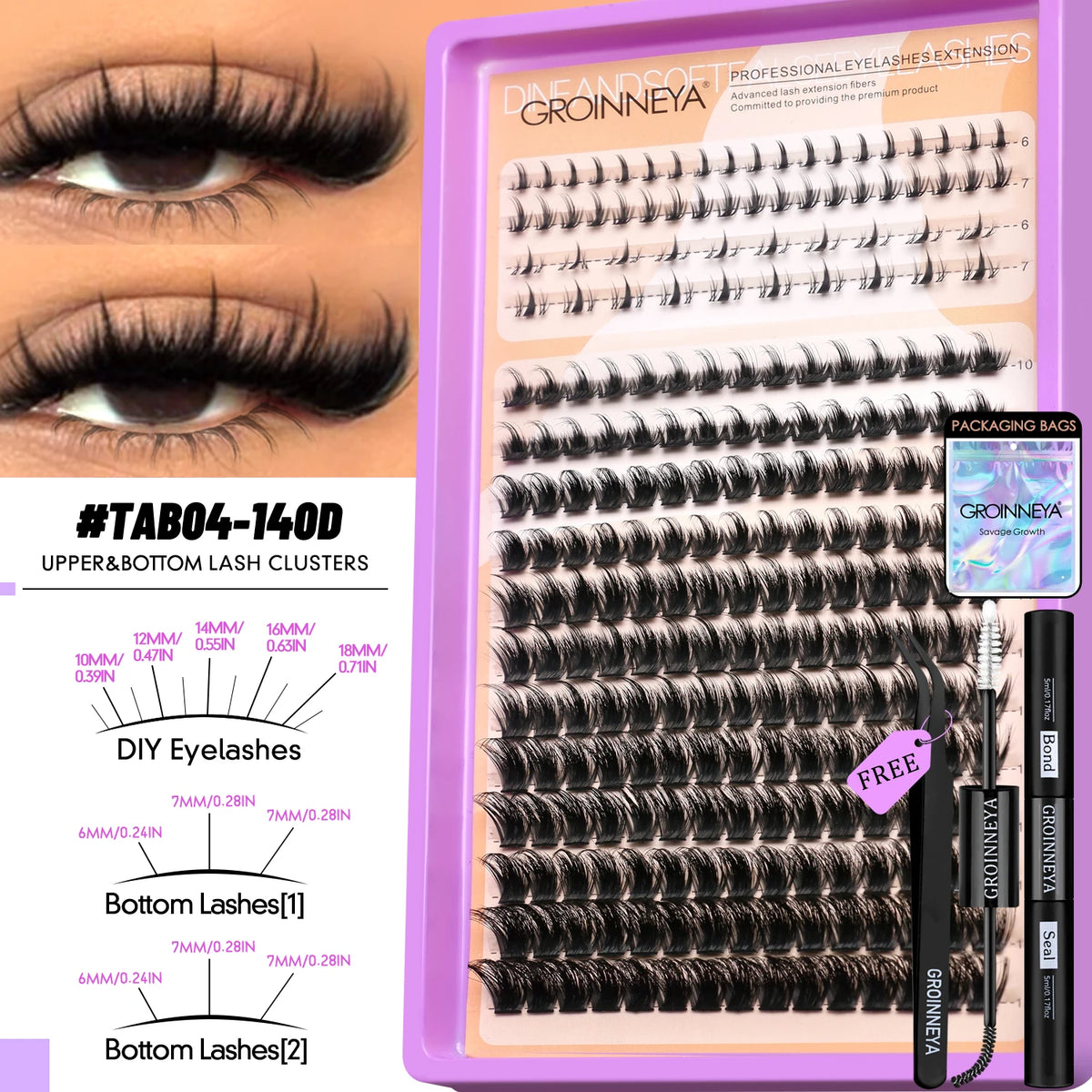 GROINNEYA Manga Lash Clusters Kit Fluffy 3D Mink Faux Cluster Lashes Kit Lashes Extension with Bond and Seal Makeup Kit