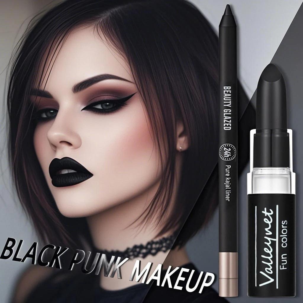 [Dark Punk Makeup Set] 3pcs Dark Makeup Set,Matte Black Lipstick,Lip Liner,Long Lasting Waterproof Eyeliner & Smoky|Halloween