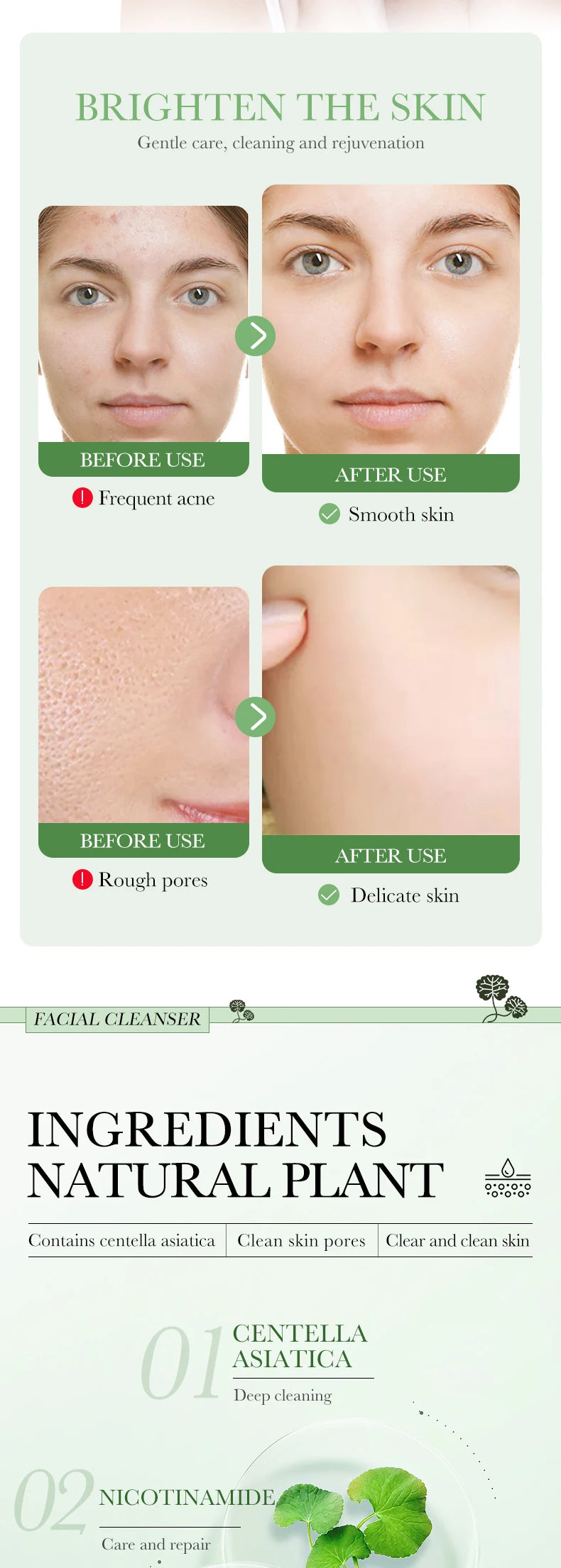BIOAOUA Centella Asiatica Face Cleanser Gentle Daily Foam Cleanser with Hyaluronic Acid & Niacinamide for Deep Pore Cleansing