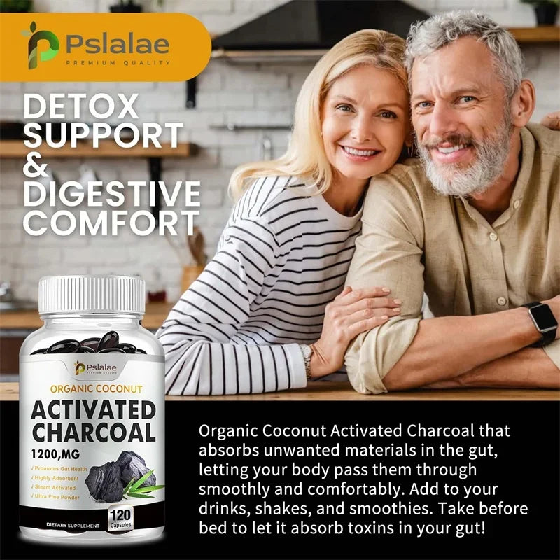 Activated Charcoal Capsules 1200 Mg - Organic Coconut Shell, Helps Relieve Gas & Bloating, Detox & Bowel, Digestive Supplement