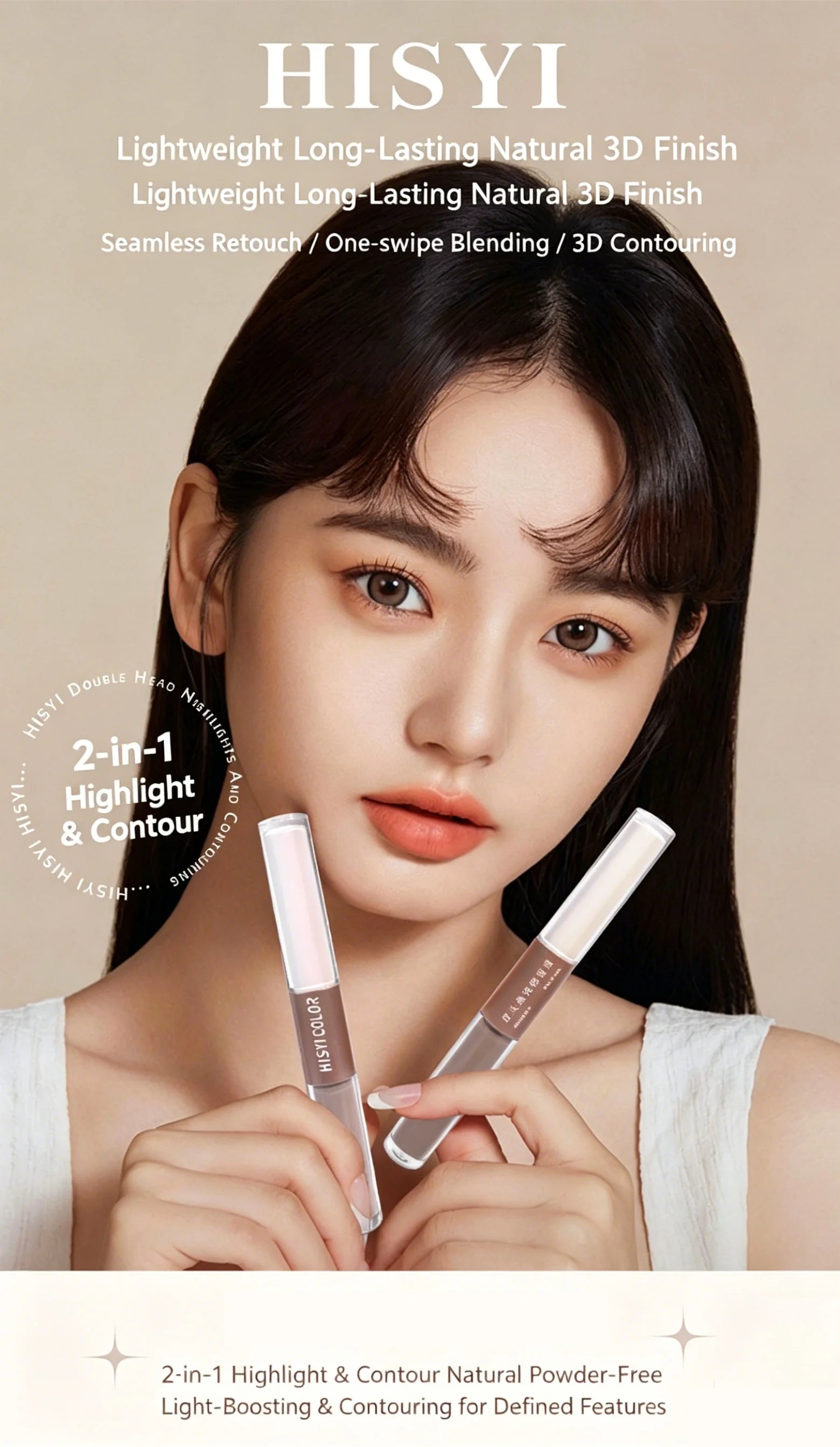 Dual-End Liquid Highlighter Pen, Skin Brightening & Contouring Stick, Natural Contour, Long-Lasting, Waterproof