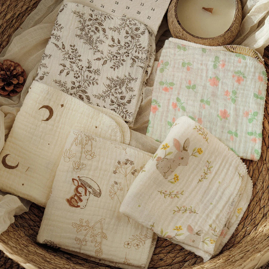 5Pcs Baby Gauze Saliva Wipes, Soft Face Wipes for Newborns, Soft and Skin-Friendly - Washable and Reusable, Cute Printed Multi-Purpose Small Square Towels!