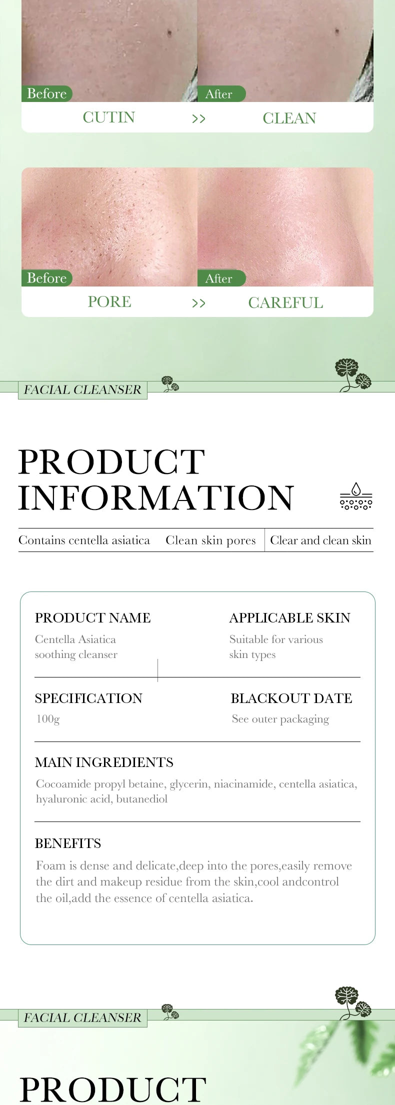 BIOAOUA Centella Asiatica Face Cleanser Gentle Daily Foam Cleanser with Hyaluronic Acid & Niacinamide for Deep Pore Cleansing