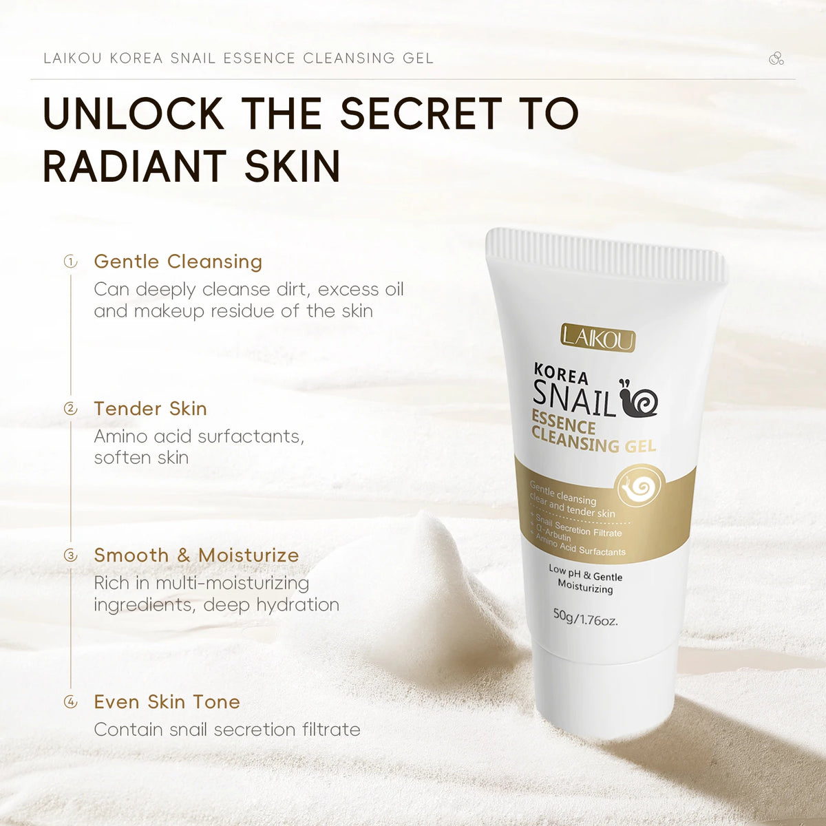 LAIKOU Korea Snail Essence Cleansing Gel 50g Low PH Gentle Cleansing Moisturizing Clear Tender Skin Daily Face Wash