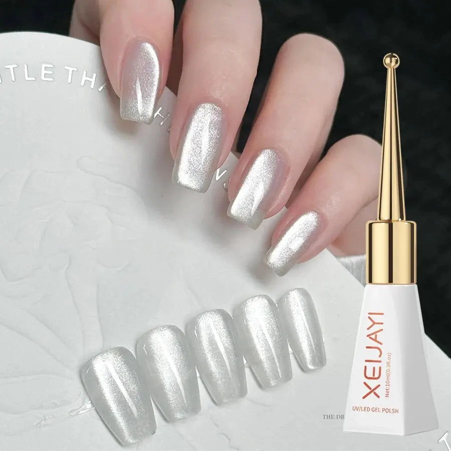 1pc 10ml Holographic Glitter Mirror Porcelain White Cat Eye Gel Polish Magnetic Galactic Effect Gel Nail Polish Soak Off UV LED