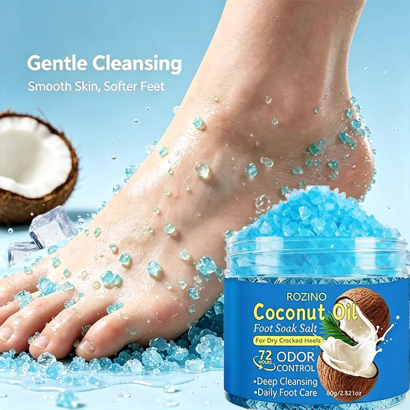 80g Coconut Oil Deodorizing Cleansing Foot Bath Salt, Natural Fragrance for Foot Care, Foot Soaking Exfoliating Salt, Deep Cleansing, Removes Dead Skin Cells, Long-Lasting Moisturizing Care