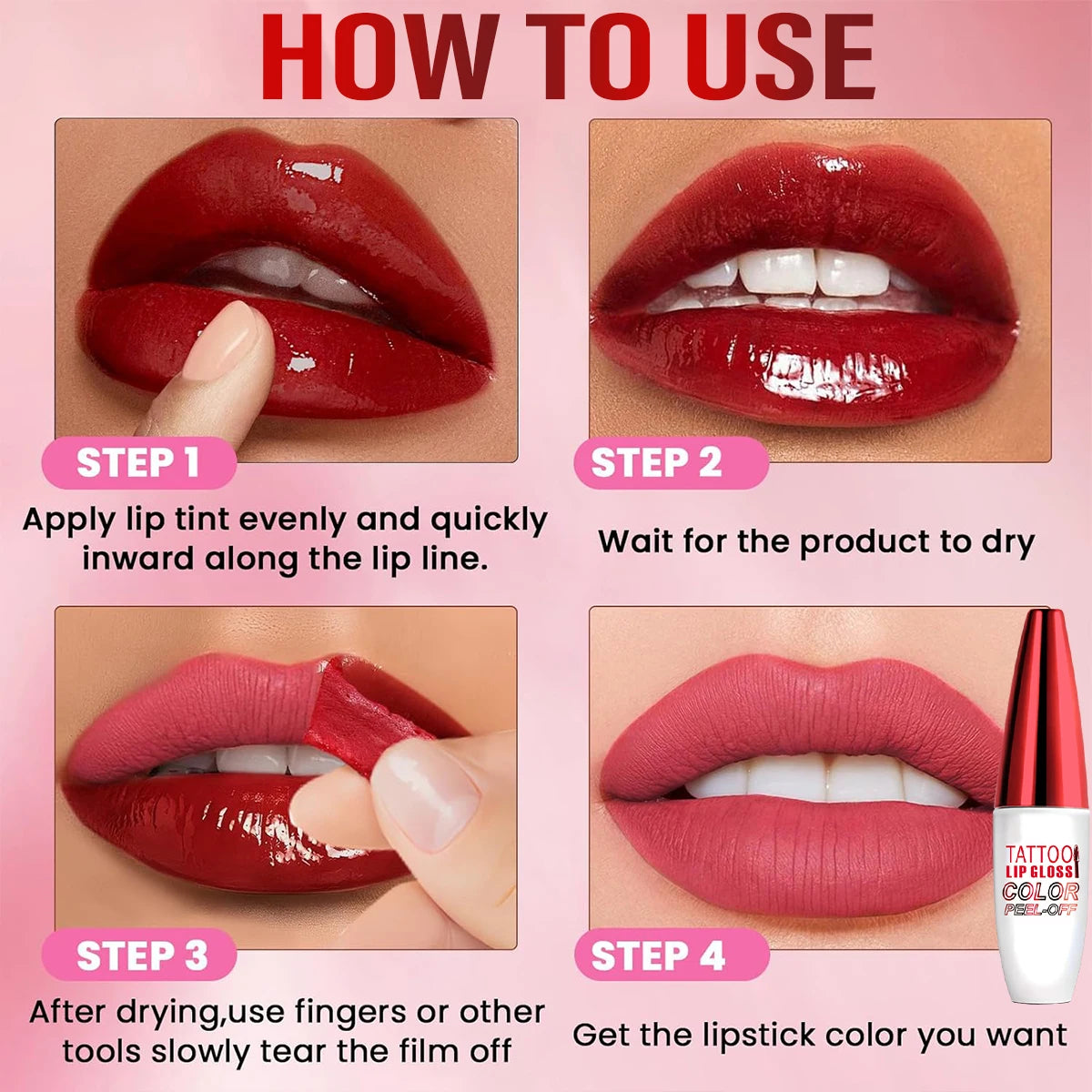 ZaiDoc Peel Off Lip Stain Tint Set 4 Colors Long Lasting Waterproof Transfer Proof Matte Finish Lip Gloss 10g Each