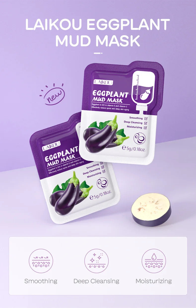5pcs LAIKOU Eggplant Mud Mask Oil Control Moisturizing Anti-Acne  Anti Wrinkle Whitening Cleansing Clay Mask Skin Care Face Mask