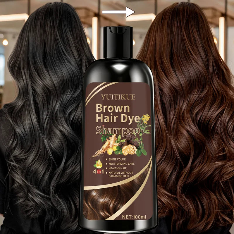 YUITIKUE Brown Hair Dye Shampoo 100ml - Plant Extract Formula, Covers Gray Hair, Natural Color, No Damage, 4-in-1 Care