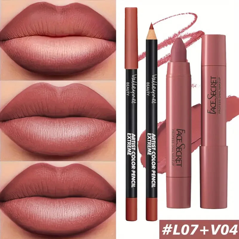 2pcs/Set Matte Velvet Lipstick Lip Combo,Long-lasting Waterproof High-saturation Non-sticky Formula,pink Pink Tones