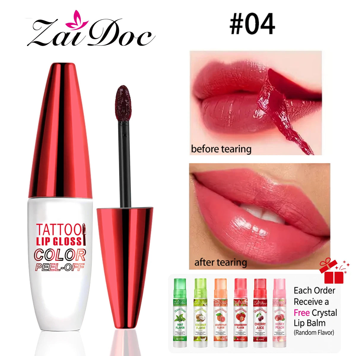 ZaiDoc Peel Off Lip Stain Tint Set 4 Colors Long Lasting Waterproof Transfer Proof Matte Finish Lip Gloss 10g Each