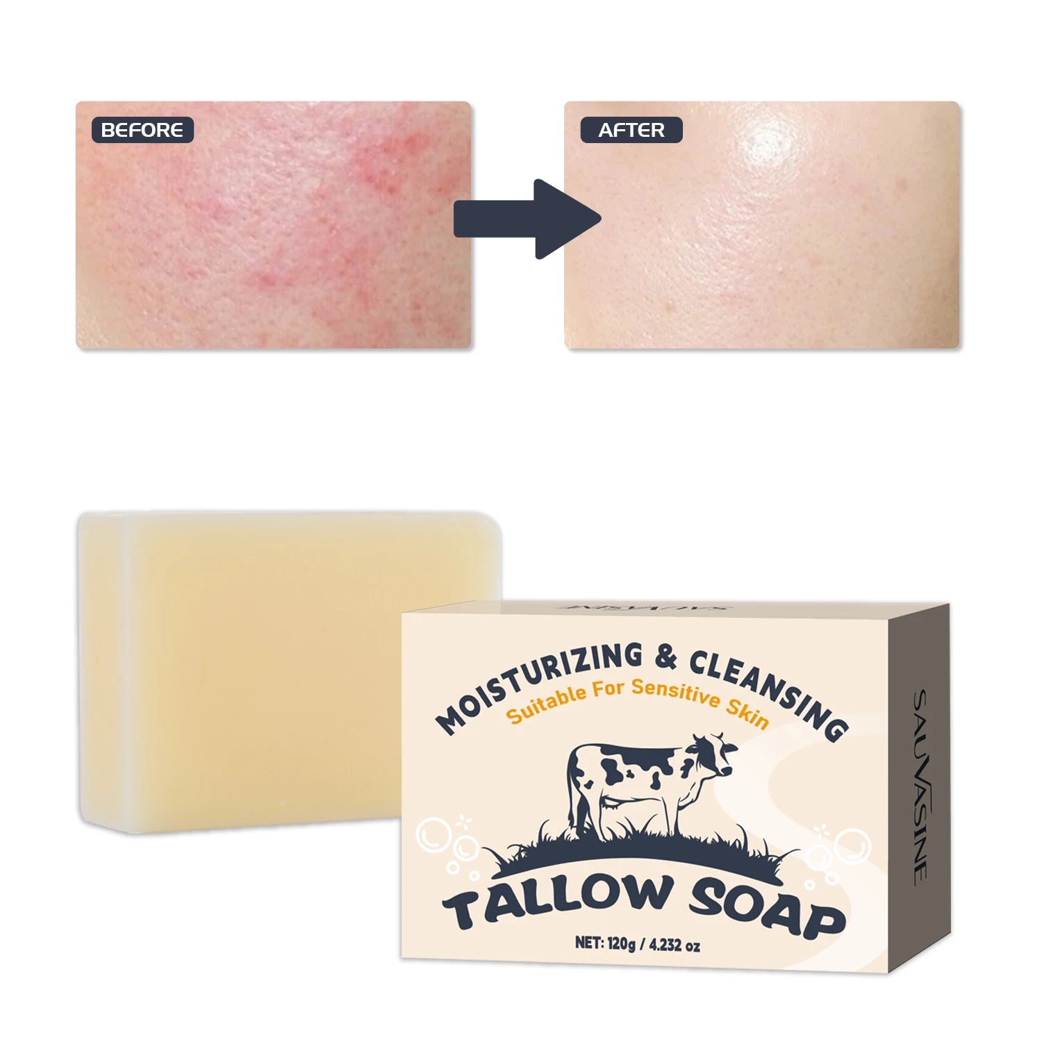 120g Handmade Beef Tallow Soap Bar Face & Body Wash Skin Moisturizer Smooth Natural Grass Fed Tallow Soap for Sensitive Skin