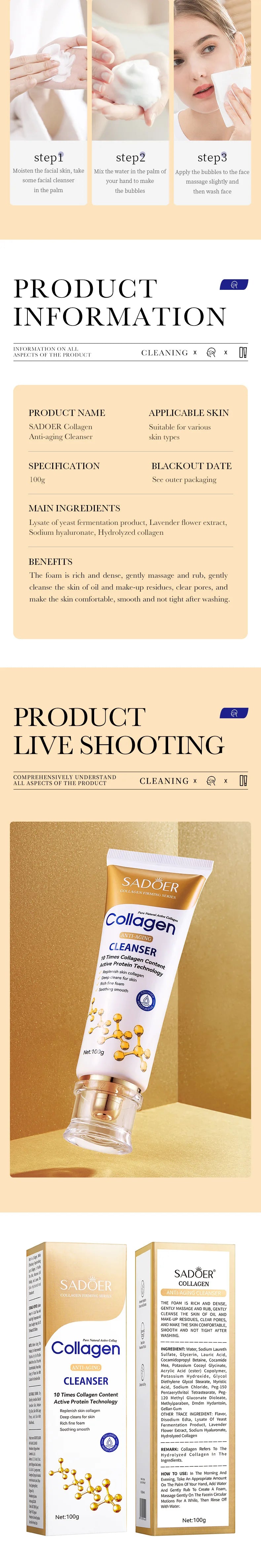 SADOER Collagen Facial Cleanser Moisturizing Anti-aging Anti Wrinkles Face Cleansing Face Wash Foam Cleanser Skin Care Products