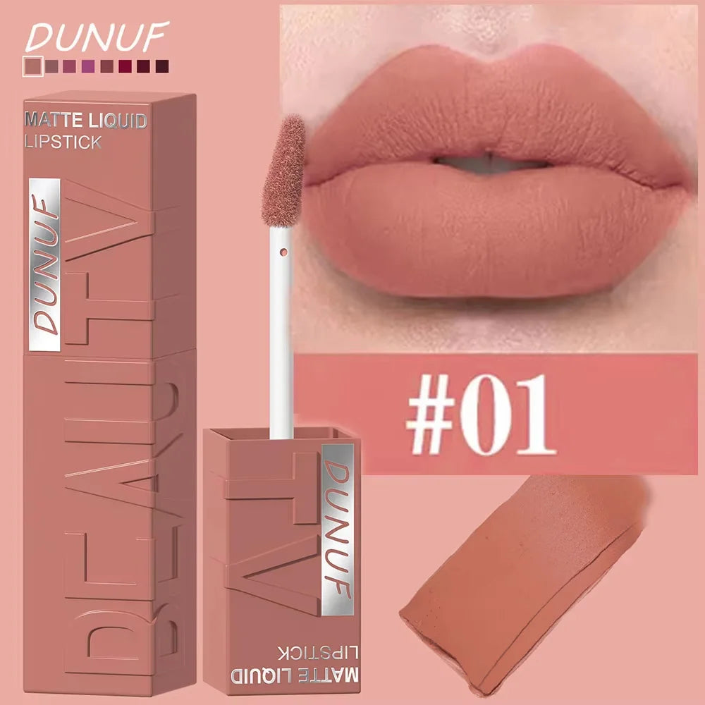 DUNUF Matte Velvet Lip Gloss, 3D Plumping & Waterproof, Square Tube Lipstick, Easy Application, 8 Shades (All-in-One)