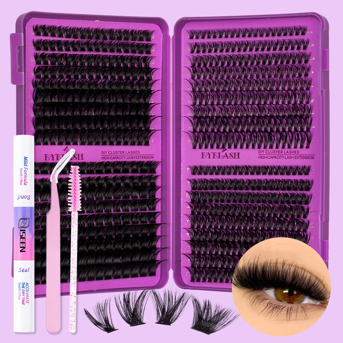 Lash Clusters Kit DIY Lash Extension Kit Large Capacity D Curl with Lash Bond And Seal And Eyelash Tweezers Makeup