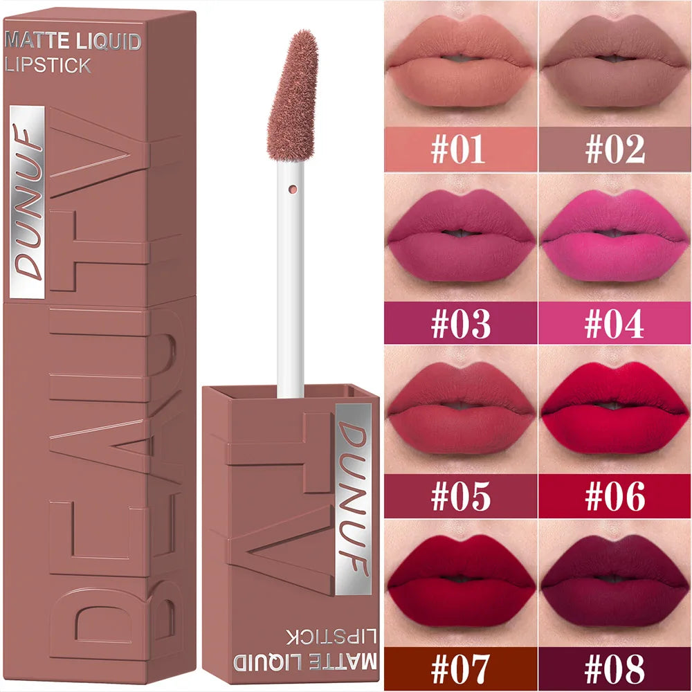 DUNUF Matte Velvet Lip Gloss, 3D Plumping & Waterproof, Square Tube Lipstick, Easy Application, 8 Shades (All-in-One)