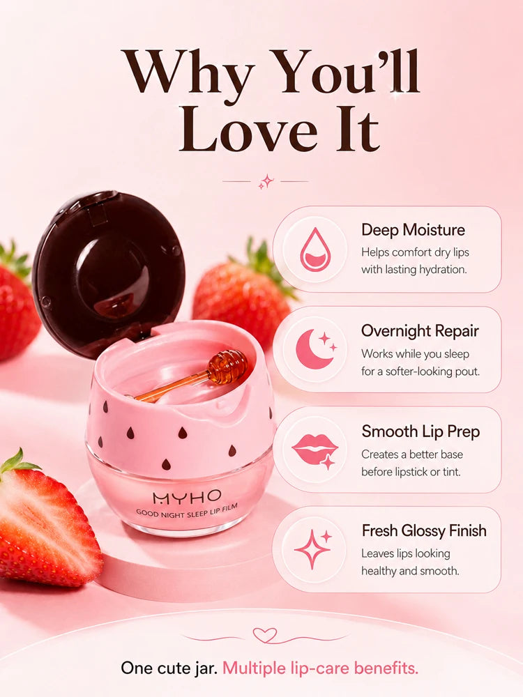 MYHO Strawberry Lip Sleeping Mask Overnight Repair Balm Hydrating Moisturizing Jelly Lip Care Non-Sticky Gloss with Applicator