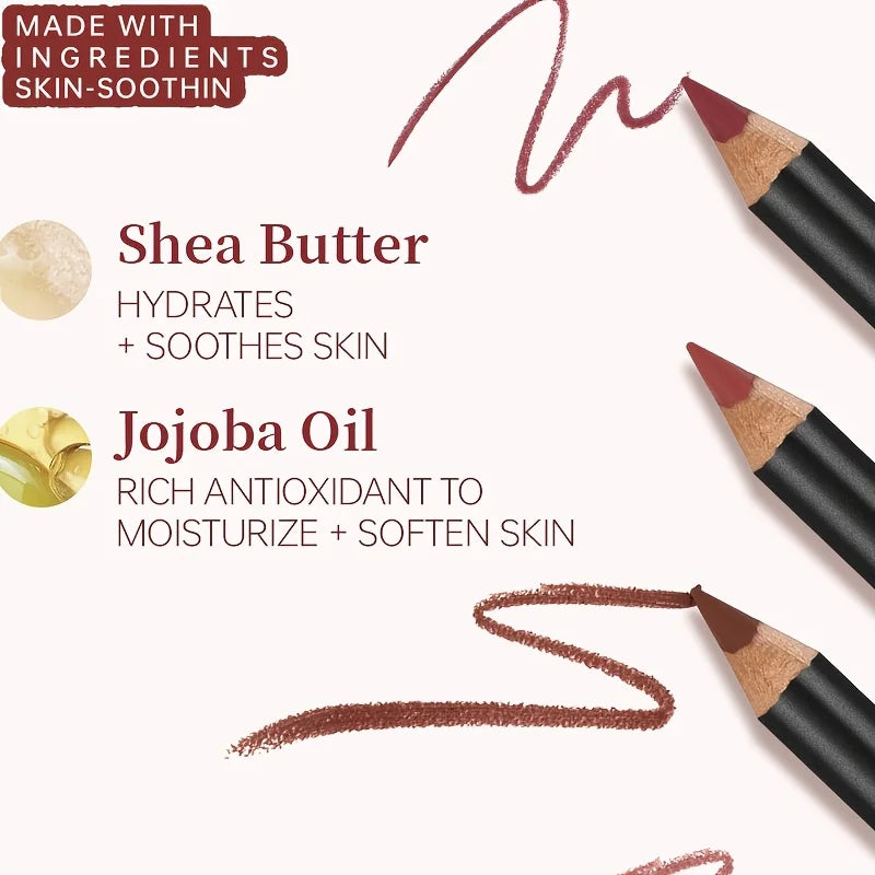 Pudaier 6-Color Waterproof Matte Lip Liner - Long-Lasting, Non-Transfer Formula, Matte Finish, 6 Versatile Shades