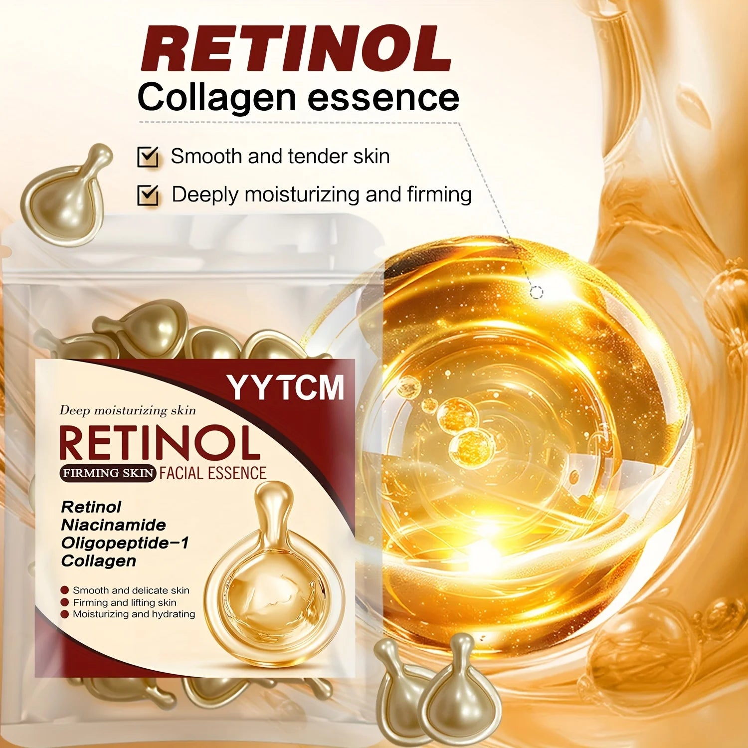 Retinol Firming Facial Moisturizing Essence Capsules, Retinol Facial Essence, Contains Hydrolyzed Collagen, Niacinamide, Deep Moisturizing (0.5Gx30 Capsules)/Bag-1 Bag