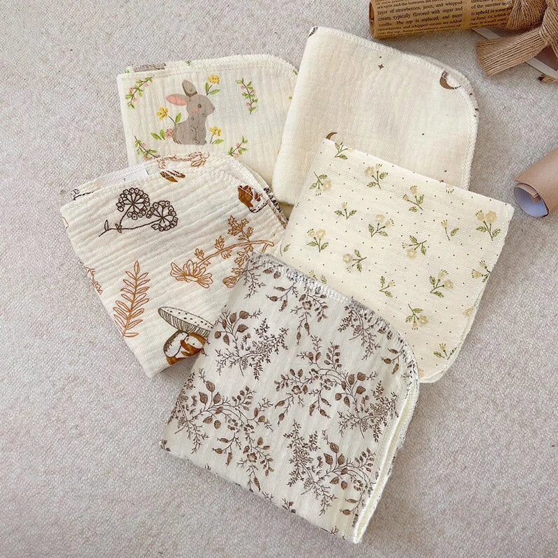 5Pcs Baby Gauze Saliva Wipes, Soft Face Wipes for Newborns, Soft and Skin-Friendly - Washable and Reusable, Cute Printed Multi-Purpose Small Square Towels!