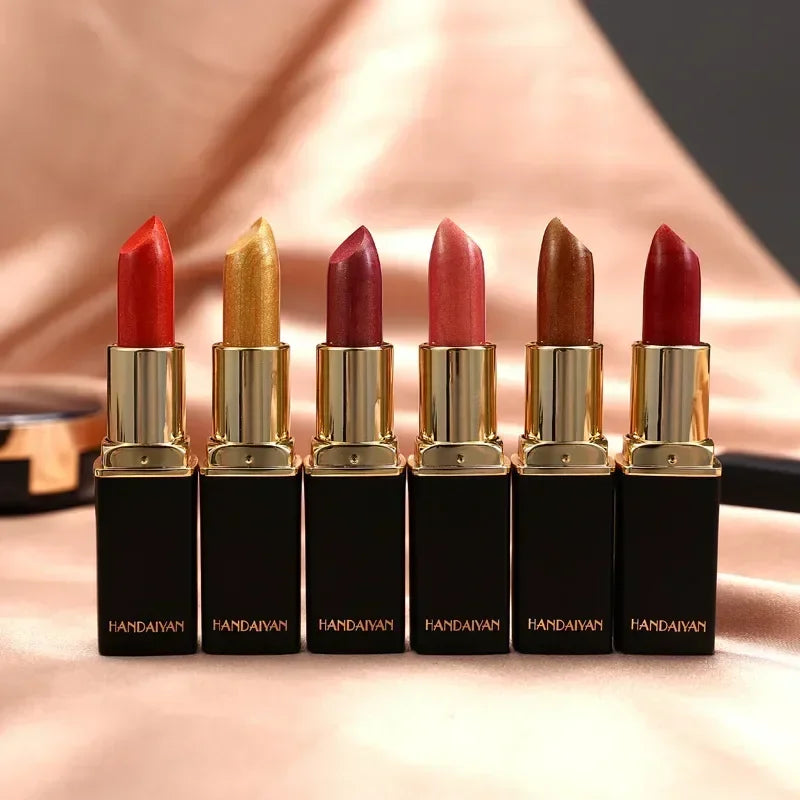 Black Tube Gold Shiny Lipstick Waterproof Long Lasting Moisturizing Glitter Pearlescent Nude Pink Shimmer Lipstick Luxury Makeup