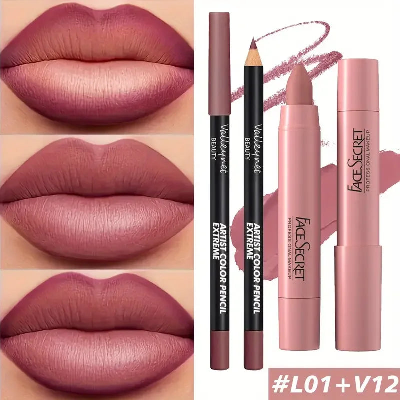 2pcs/Set Matte Velvet Lipstick Lip Combo,Long-lasting Waterproof High-saturation Non-sticky Formula,pink Pink Tones