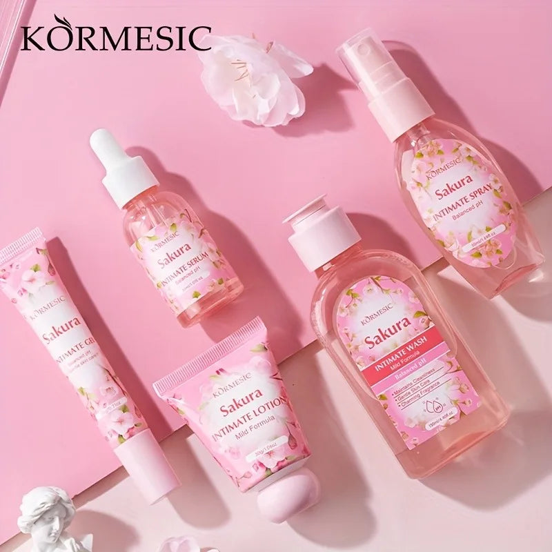 Sakura Women's Intimate Care 5-Piece Set, Product Includes: Private Area Cleansing Liquid, Essence, Gel, Lotion, Spray, Gentle Cleansing, Balances the Environment, Long-Lasting Freshness, and a More Firm and Smooth Light Beig