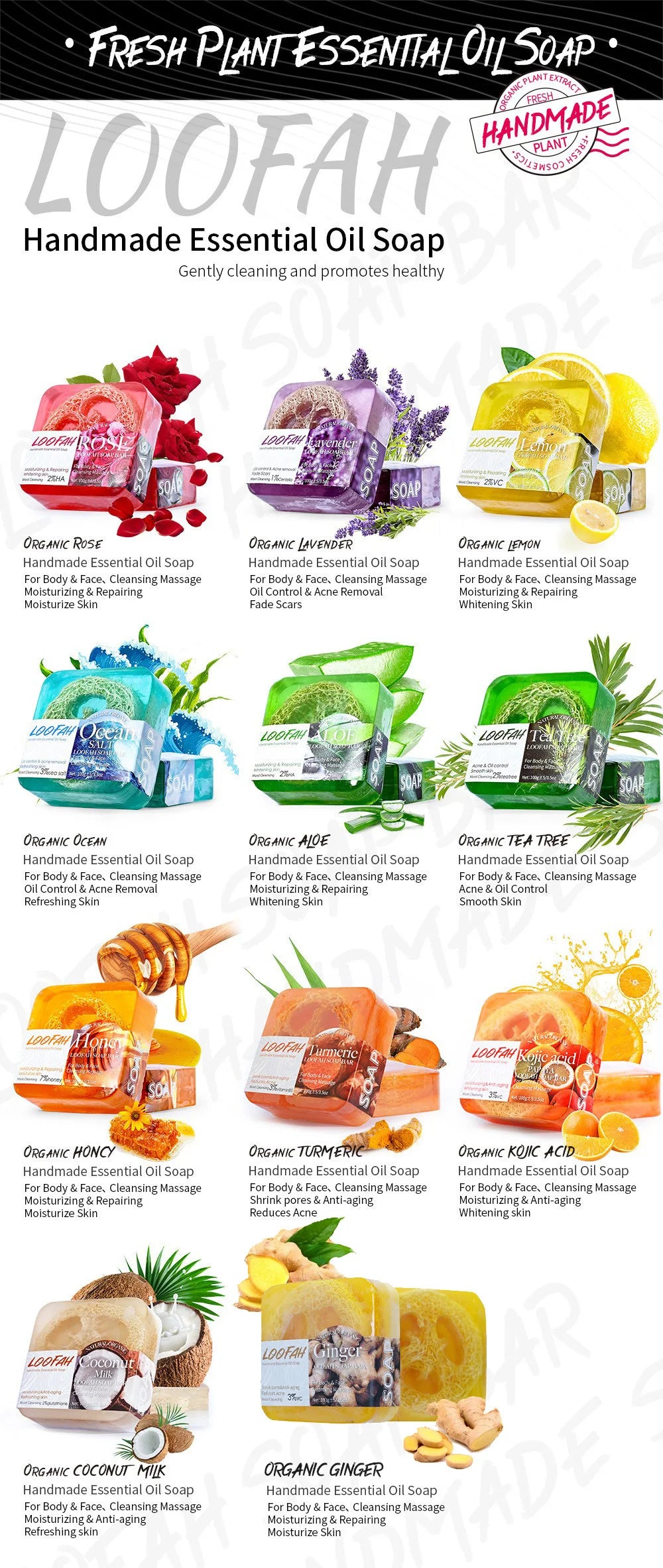 Facial Honey Loofah Soap Acne Treatment Tea Tree Lemon Rose Whitening Handmade Eco-friendly Sponge Honey Loofah Soap