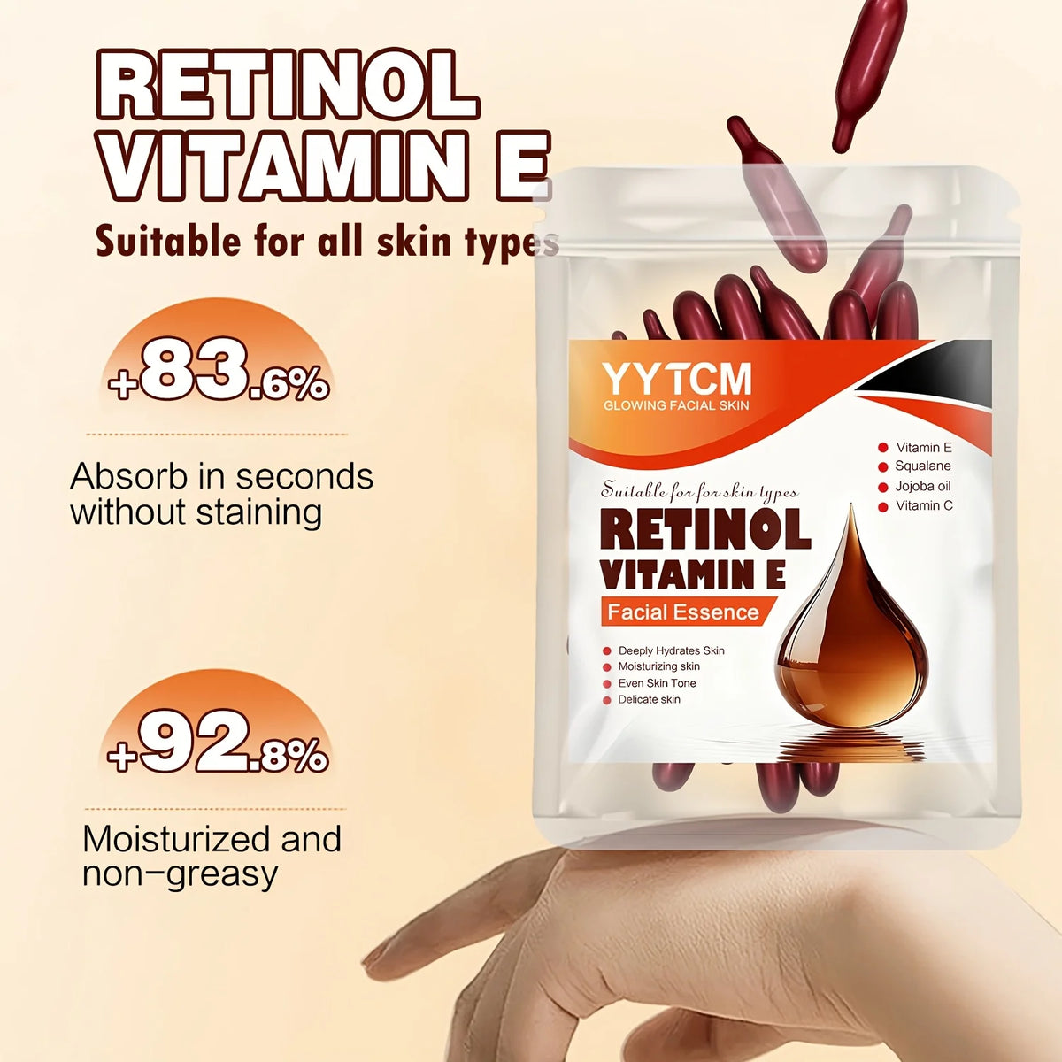Retinol Vitamin E Deep Moisturizing Capsule Essence, Hydrates, Firms, and Smooths Skin, Contains Plant-Based Squalane, Vitamin C, Deep Moisturizing and Brightening Skin Essence (0.4Gx30 Capsules)/Pack-1 Pack