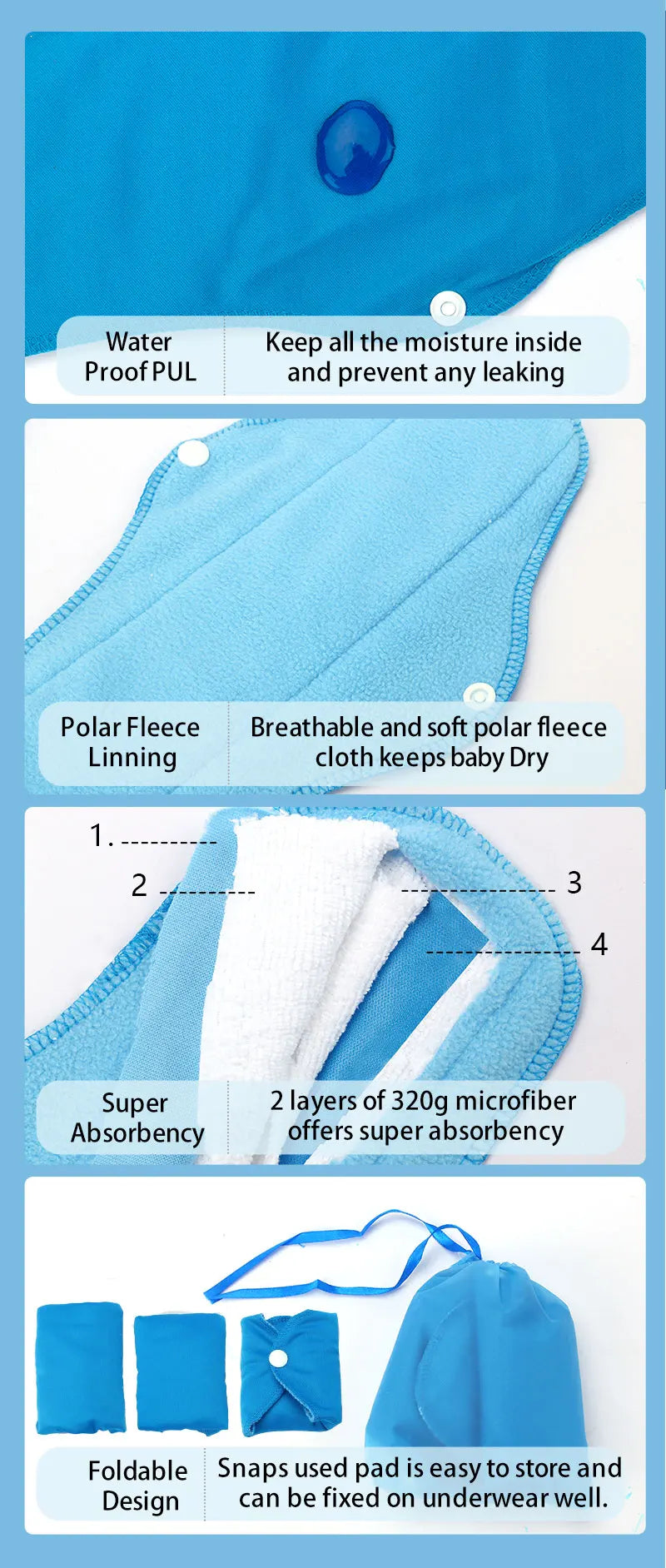 5pcs S/M Size Reusable Sanitary Pads Heavy Polar Fleece Towel Washable Panty Liner Mama Menstrual Pad with 1pc Wet Bag