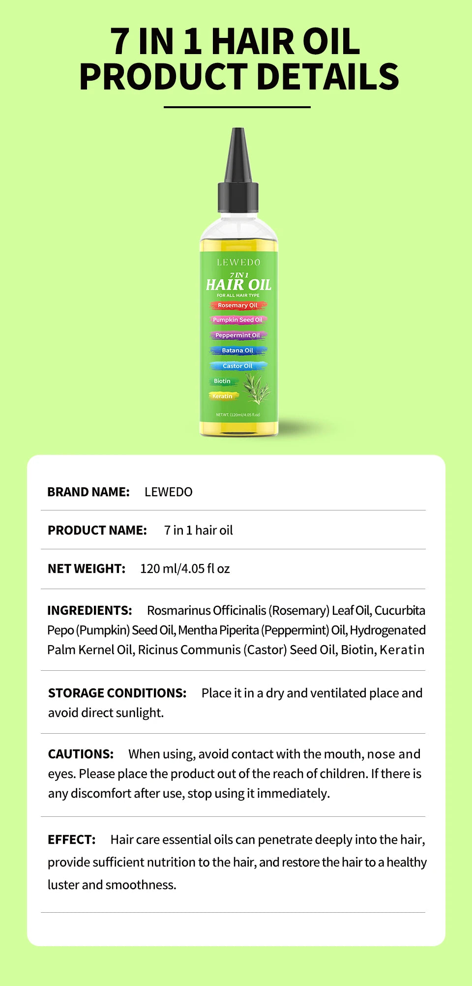 7-IN-1 Hair Oil for All Hair Types Natural Plant Oils Complex Hair Care Serum Reduces Breakage Hydration & Shine Hair Essence