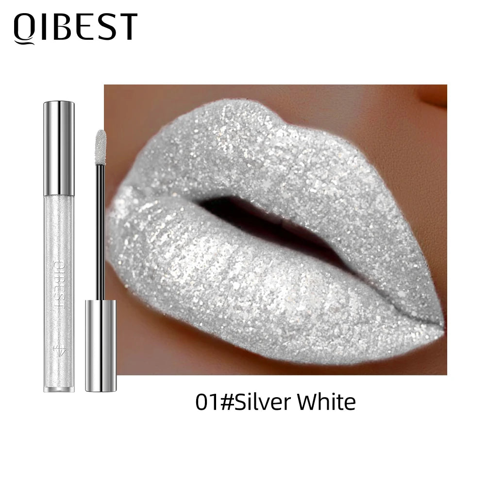 QIBEST Glitter Diamond Liquid Lipstick Waterproof Long Lasting Pearl Shiny Lip Gloss Metal Charming Women Lip Makeup 6 Colors
