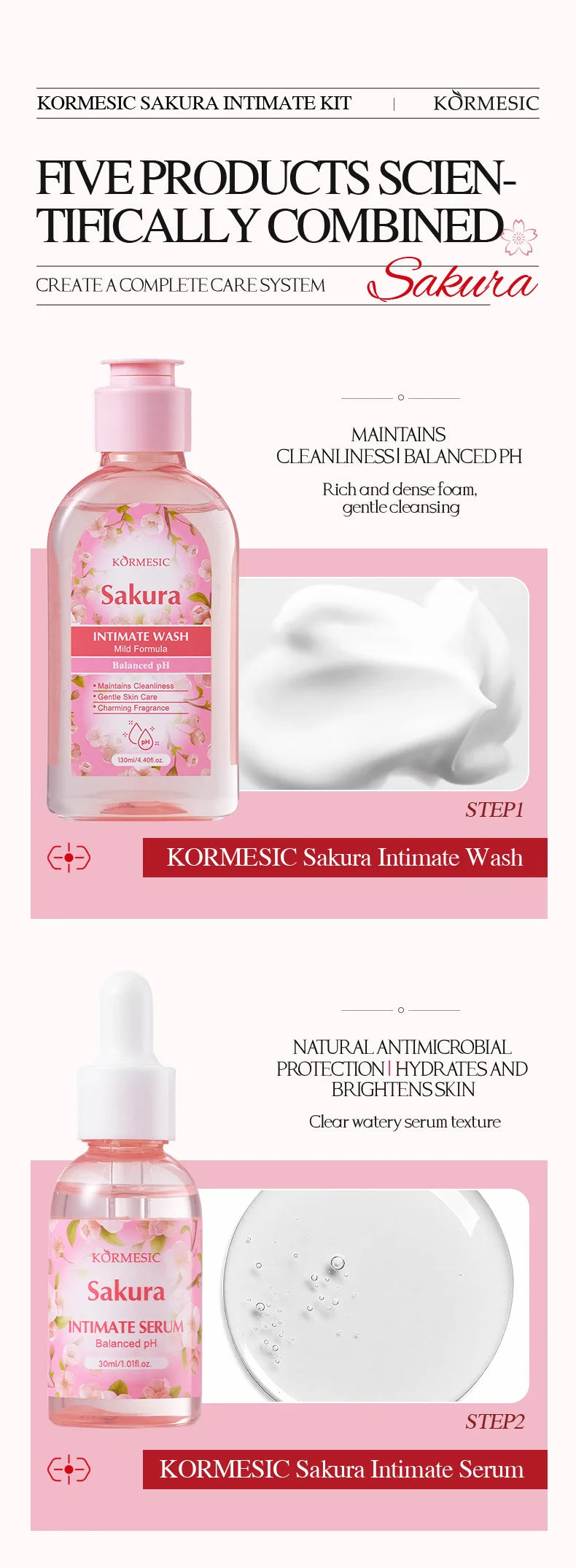 Sakura Women's Intimate Care 5-Piece Set, Product Includes: Private Area Cleansing Liquid, Essence, Gel, Lotion, Spray, Gentle Cleansing, Balances the Environment, Long-Lasting Freshness, and a More Firm and Smooth Light Beig