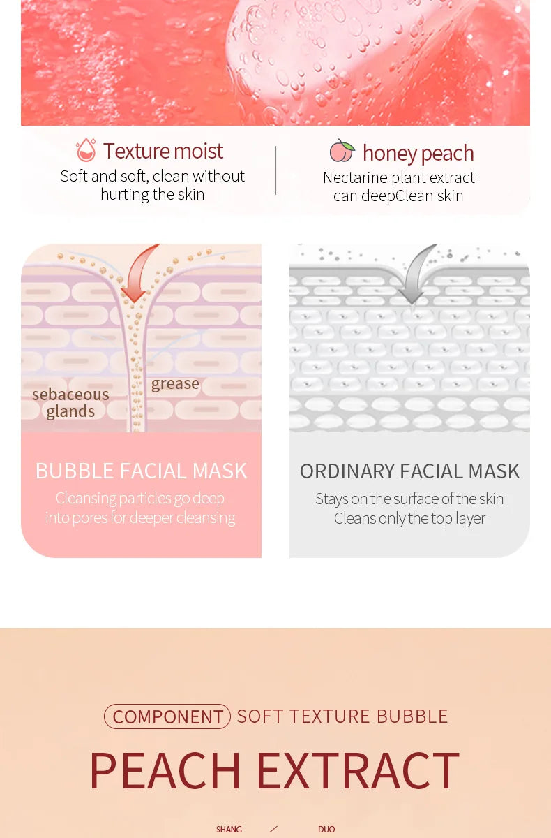 100g Peach Deep Cleansing Bubble Clay Facial Mask Remove Blackheads Oil Control Moisturizing Face Smooth Korean Skin Mud Masks
