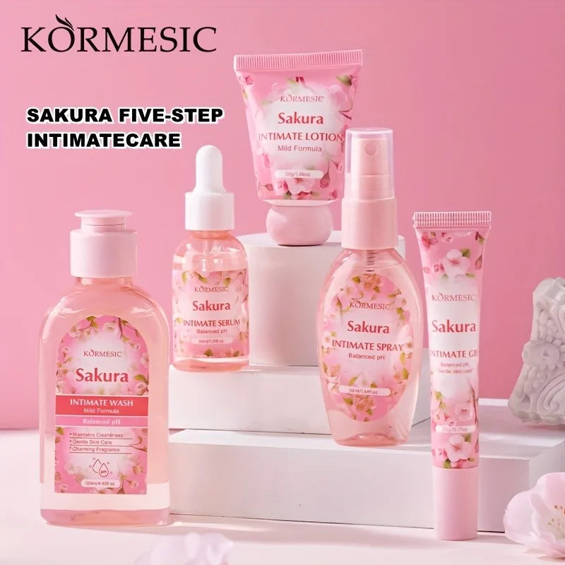 Sakura Women's Intimate Care 5-Piece Set, Product Includes: Private Area Cleansing Liquid, Essence, Gel, Lotion, Spray, Gentle Cleansing, Balances the Environment, Long-Lasting Freshness, and a More Firm and Smooth Light Beig