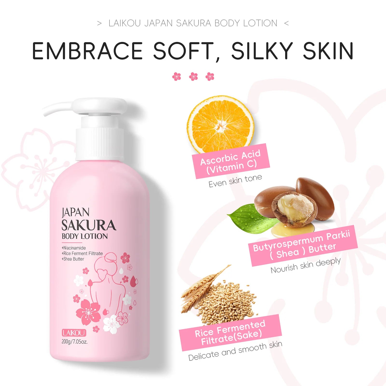 Laikou Cherry Blossom Body Lotion Moisturizing & Repairing  Winter Chapped Skin Care Moisturizing Without Greasiness 200g/120g