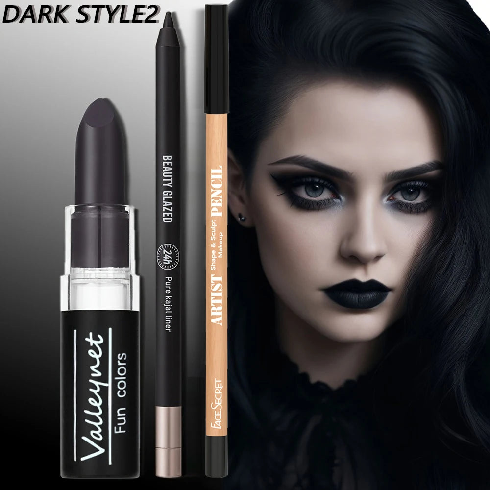 [Dark Punk Makeup Set] 3pcs Dark Makeup Set,Matte Black Lipstick,Lip Liner,Long Lasting Waterproof Eyeliner & Smoky|Halloween